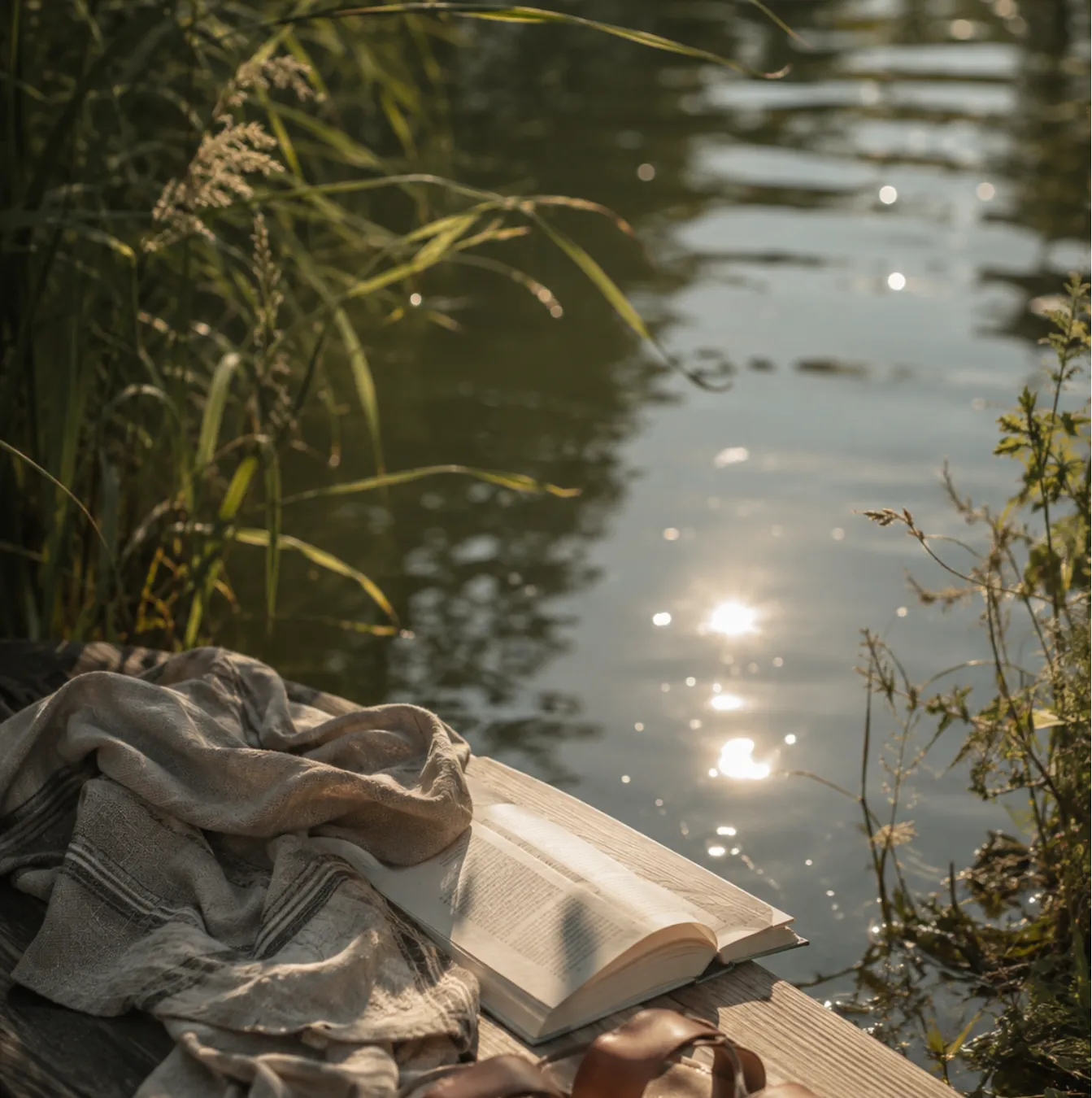 Offenes Buch und Decke an einem ruhigen Gewässer im warmen Sonnenlicht – Symbolbild, mit KI bearbeitet