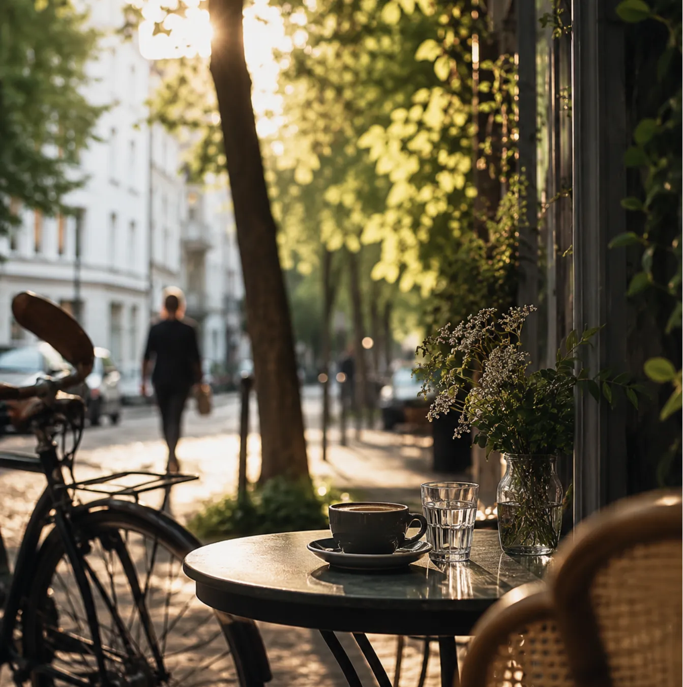 Kaffeetisch und Fahrrad in einer begrünten Stadtstraße am Morgen – Symbolbild, mit KI bearbeitet