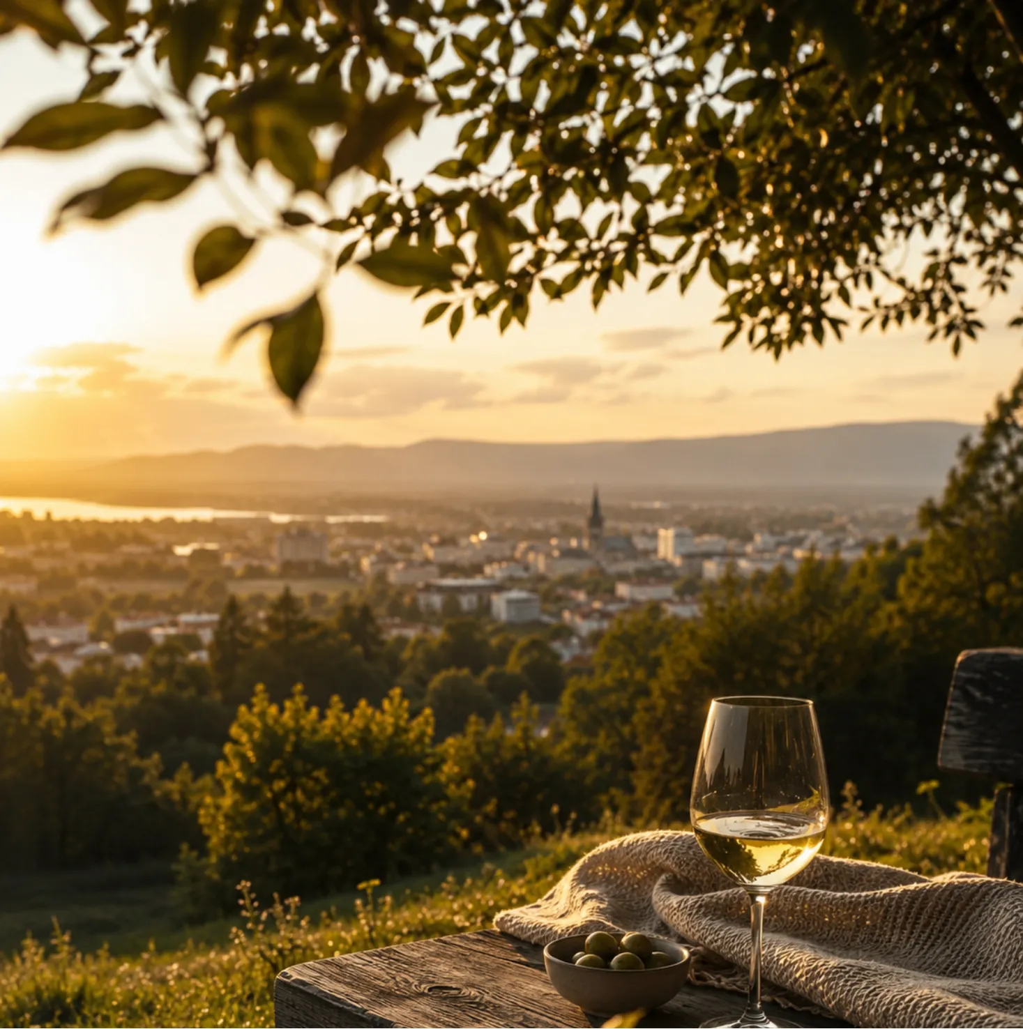 Abendlicher Blick über Klagenfurt mit Wörthersee, Weinglas und gedecktem Tisch – Symbolbild, mit KI bearbeitet